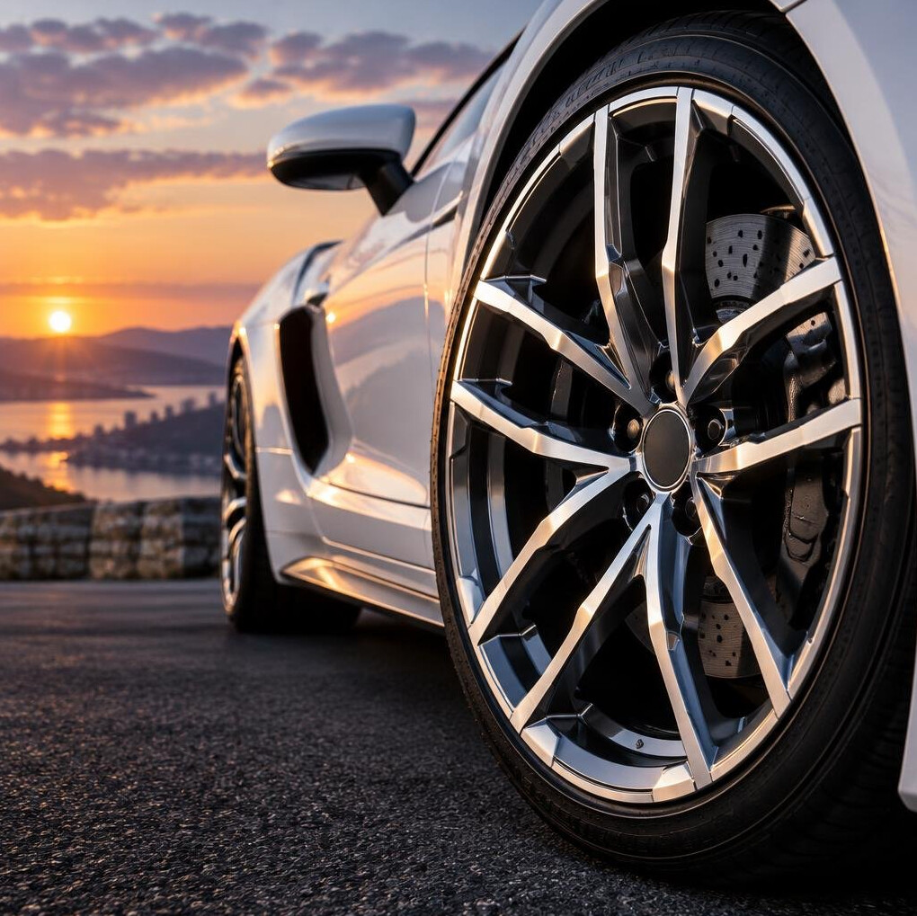 Sports car with diamond-cut alloy wheels